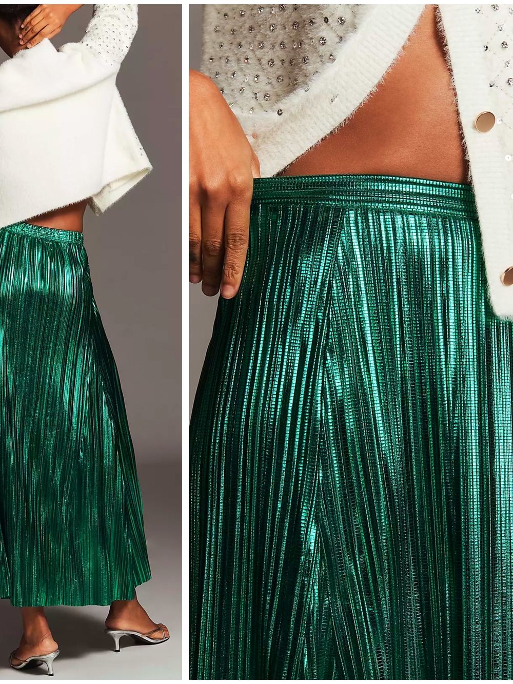 Anthropologie, Metallic Emerald Green Pleated Midi Skirt - Picture 2 of 2